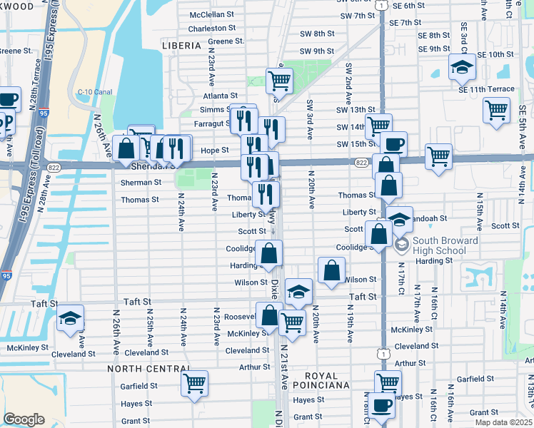 map of restaurants, bars, coffee shops, grocery stores, and more near 2125-2127 Liberty Street in Hollywood
