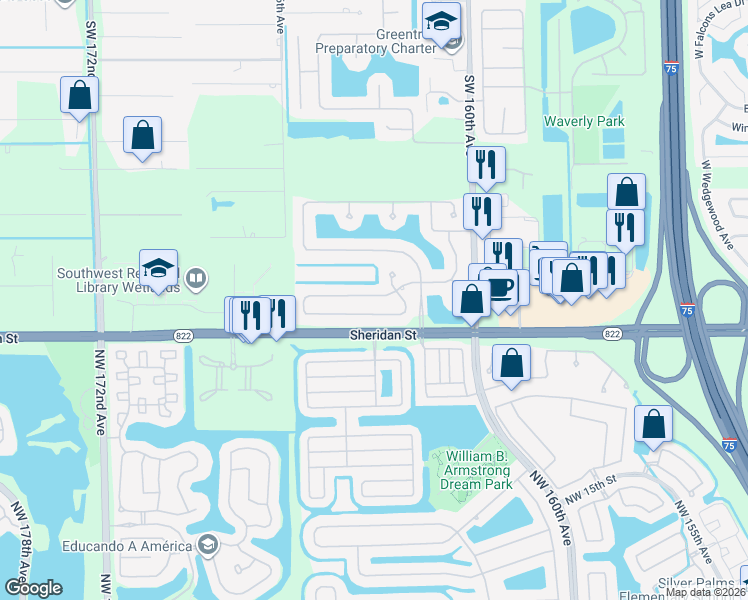 map of restaurants, bars, coffee shops, grocery stores, and more near 16315 Mariposa Circle North in Davie