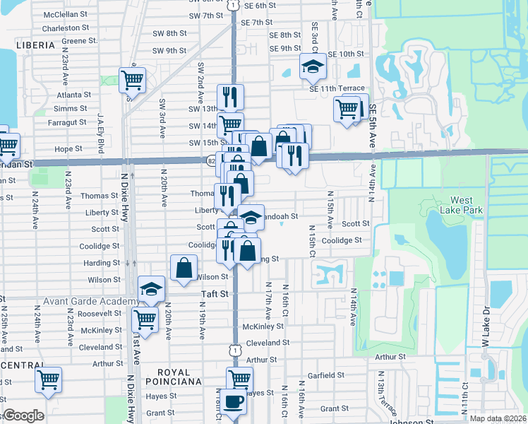 map of restaurants, bars, coffee shops, grocery stores, and more near 2145 North 17th Court in Hollywood