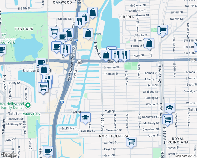 map of restaurants, bars, coffee shops, grocery stores, and more near 2611 Liberty Street in Hollywood