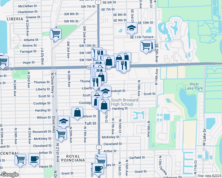 map of restaurants, bars, coffee shops, grocery stores, and more near 2145 North 17th Court in Hollywood