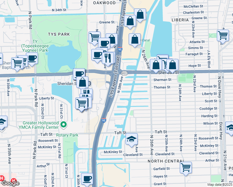 map of restaurants, bars, coffee shops, grocery stores, and more near 2214 North 28th Avenue in Hollywood