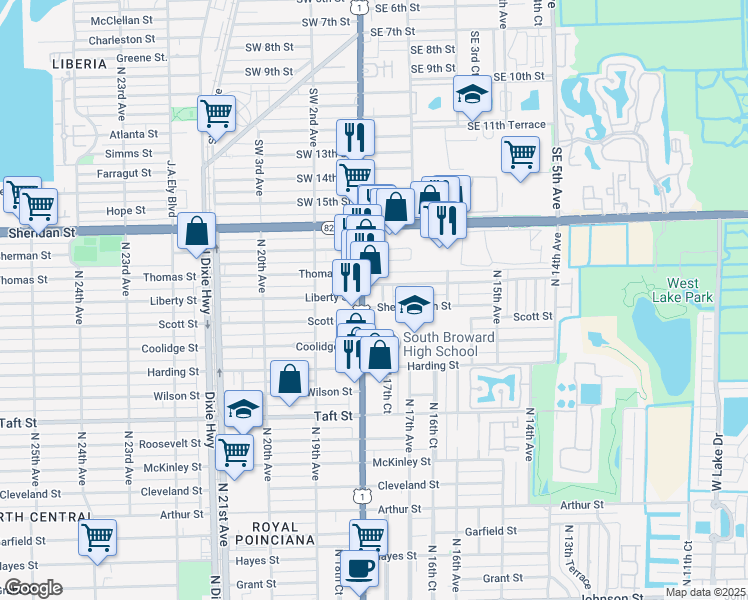map of restaurants, bars, coffee shops, grocery stores, and more near 2200 North Federal Hwy in Hollywood