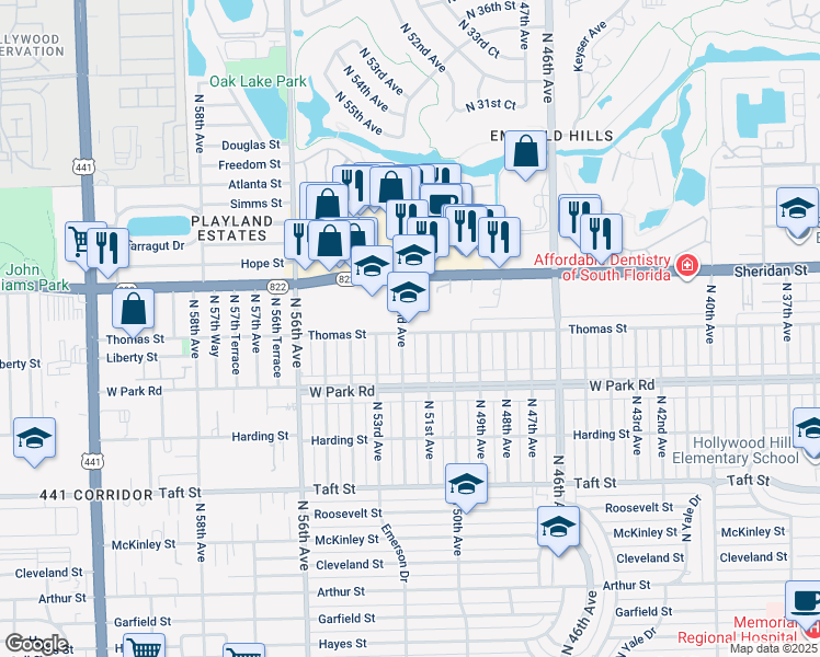 map of restaurants, bars, coffee shops, grocery stores, and more near 5001 Thomas Street in Hollywood