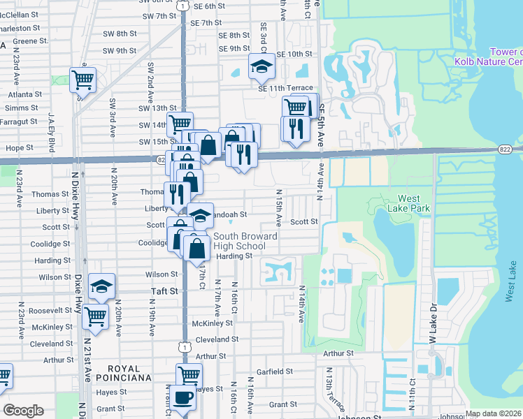 map of restaurants, bars, coffee shops, grocery stores, and more near 1538 Liberty Street in Hollywood