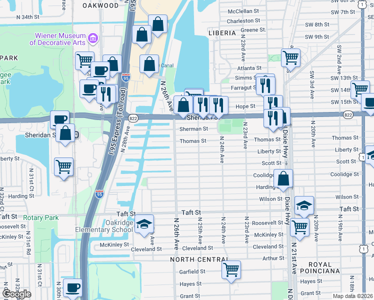 map of restaurants, bars, coffee shops, grocery stores, and more near 2527 Liberty Street in Hollywood