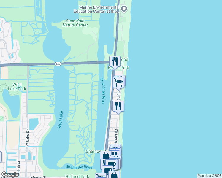 map of restaurants, bars, coffee shops, grocery stores, and more near 3208 North Ocean Drive in Hollywood