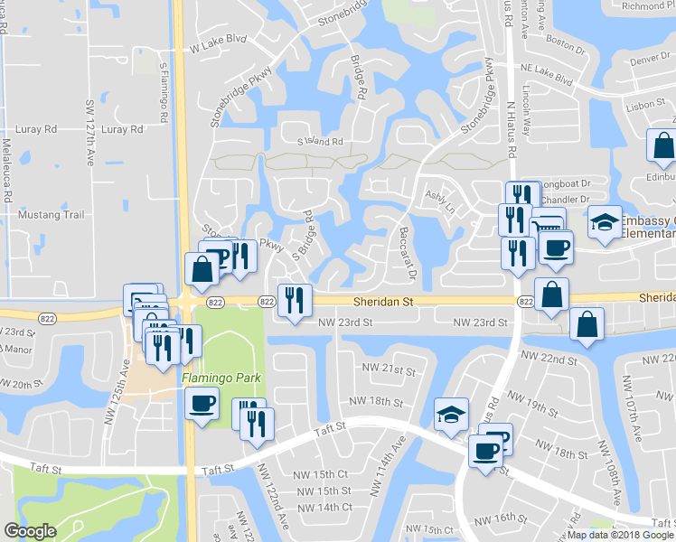 map of restaurants, bars, coffee shops, grocery stores, and more near 3151 Sands Way in Hollywood