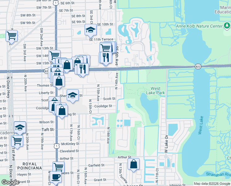 map of restaurants, bars, coffee shops, grocery stores, and more near 2185 North 14th Avenue in Hollywood