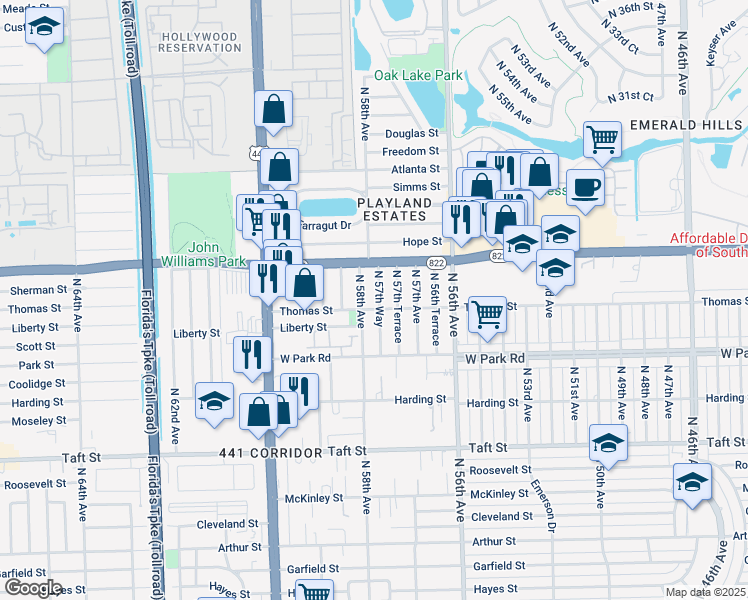 map of restaurants, bars, coffee shops, grocery stores, and more near 2321 North 57th Way in Hollywood