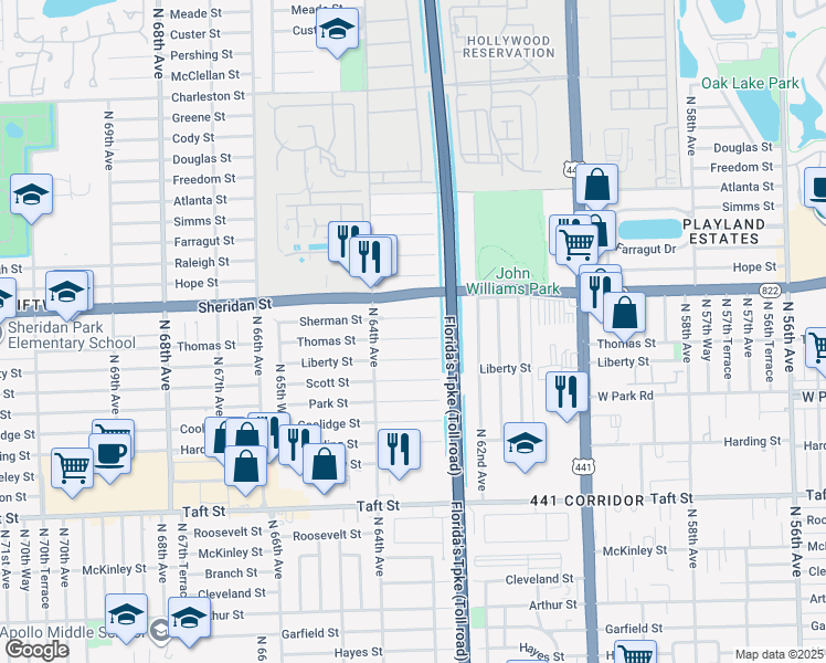 map of restaurants, bars, coffee shops, grocery stores, and more near 6350 Sherman Street in Hollywood