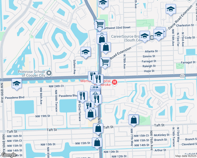 map of restaurants, bars, coffee shops, grocery stores, and more near in Davie