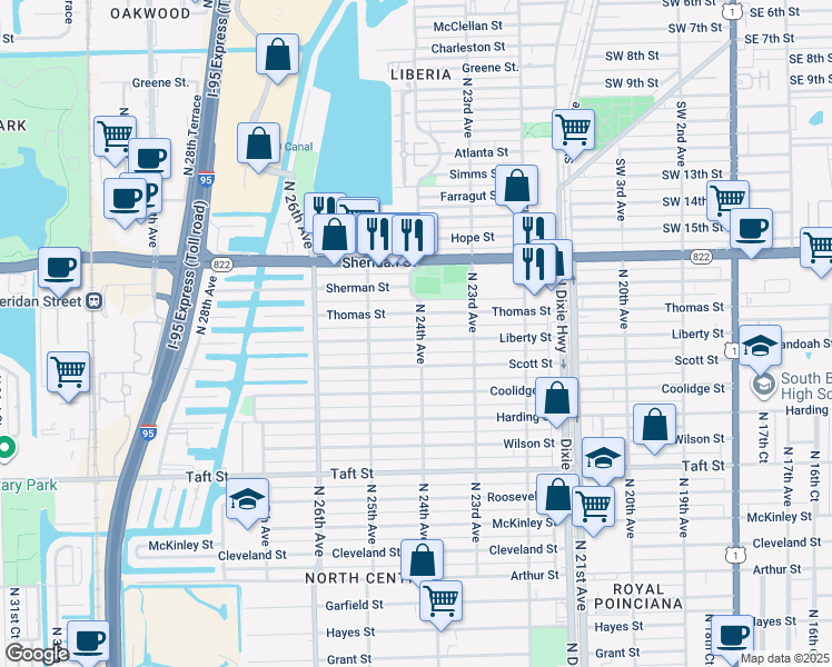 map of restaurants, bars, coffee shops, grocery stores, and more near 2403 Liberty Street in Hollywood
