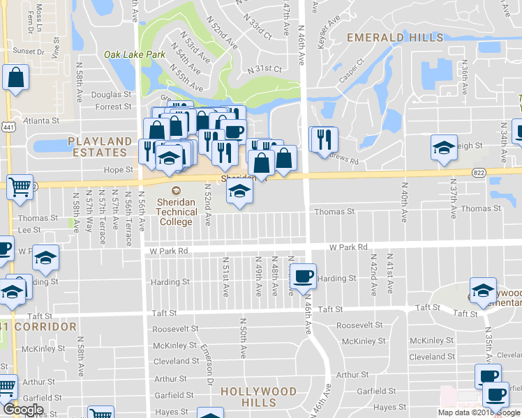 map of restaurants, bars, coffee shops, grocery stores, and more near 4841 Thomas Street in Hollywood