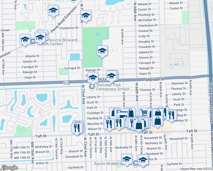 map of restaurants, bars, coffee shops, grocery stores, and more near 2340 North 70th Avenue in Hollywood