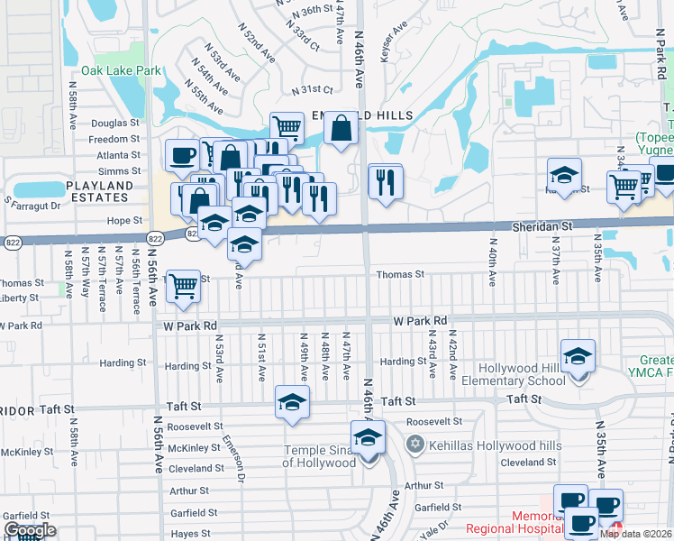 map of restaurants, bars, coffee shops, grocery stores, and more near 4721 Thomas Street in Hollywood