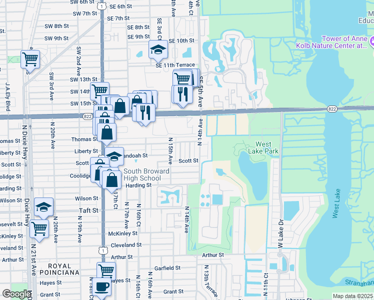 map of restaurants, bars, coffee shops, grocery stores, and more near 2114 North 14th Court in Hollywood