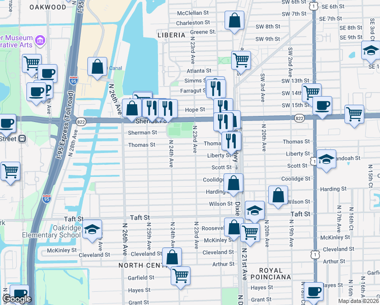 map of restaurants, bars, coffee shops, grocery stores, and more near 2313 Liberty Street in Hollywood