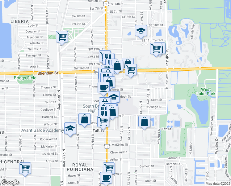 map of restaurants, bars, coffee shops, grocery stores, and more near 2145 North 17th Court in Hollywood
