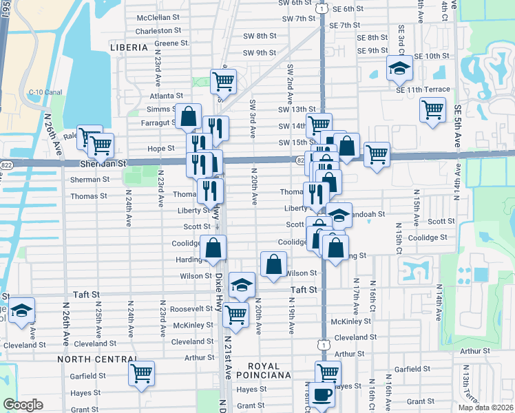 map of restaurants, bars, coffee shops, grocery stores, and more near 2011 Liberty Street in Hollywood