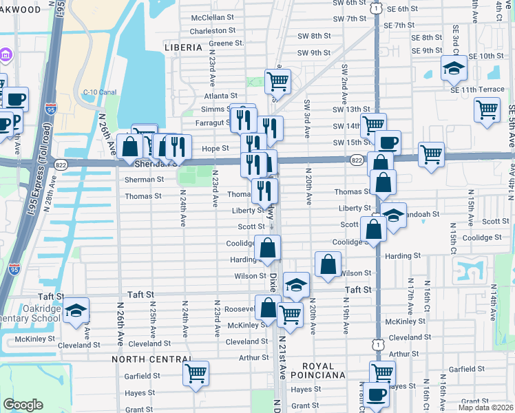 map of restaurants, bars, coffee shops, grocery stores, and more near 2125-2127 Liberty Street in Hollywood