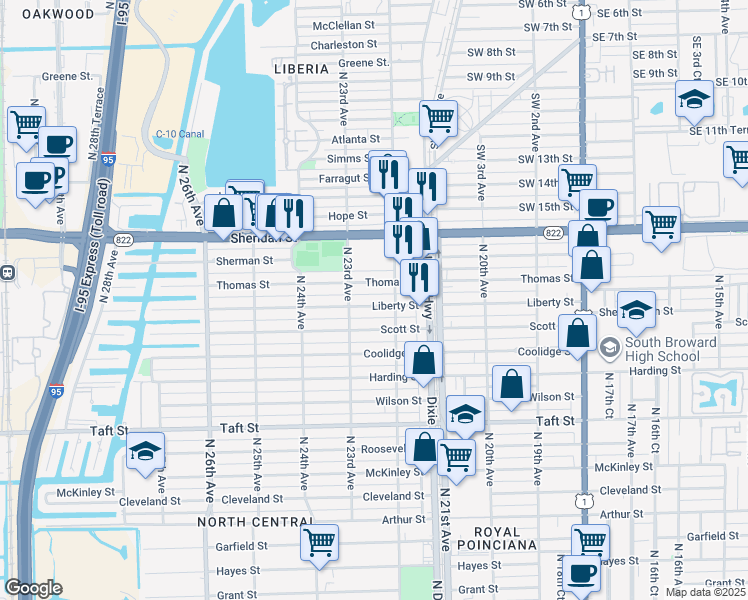 map of restaurants, bars, coffee shops, grocery stores, and more near 2227 Liberty Street in Hollywood
