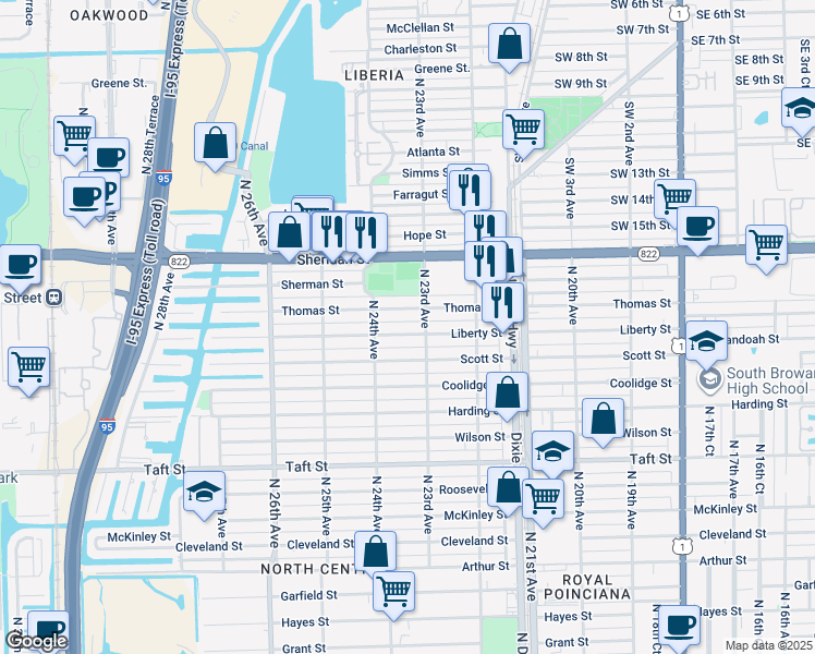 map of restaurants, bars, coffee shops, grocery stores, and more near 2313 Liberty Street in Hollywood