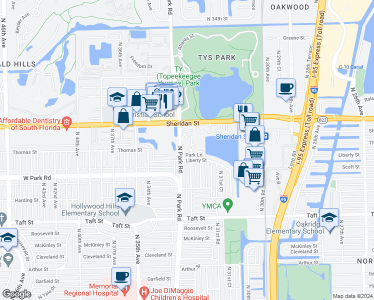 map of restaurants, bars, coffee shops, grocery stores, and more near 2200 Park Lane in Hollywood