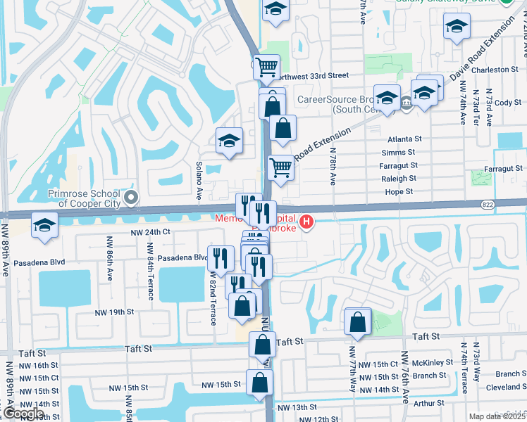 map of restaurants, bars, coffee shops, grocery stores, and more near in Davie