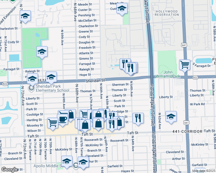 map of restaurants, bars, coffee shops, grocery stores, and more near 6570 Sherman Street in Hollywood