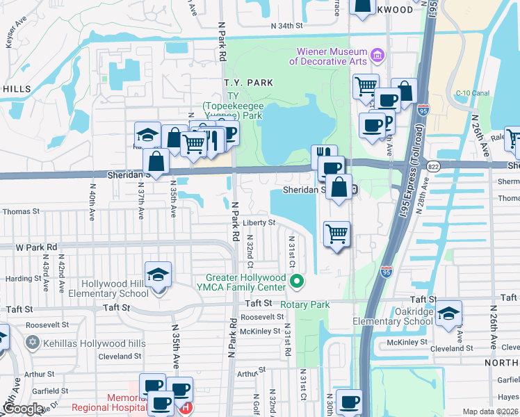 map of restaurants, bars, coffee shops, grocery stores, and more near 2223 Park Lane in Hollywood