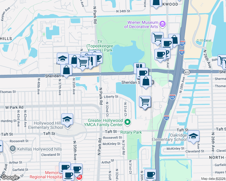 map of restaurants, bars, coffee shops, grocery stores, and more near 2223 Park Lane in Hollywood