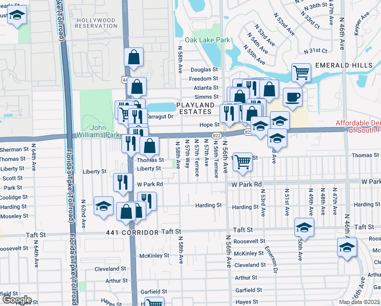 map of restaurants, bars, coffee shops, grocery stores, and more near 2321 North 57th Way in Hollywood