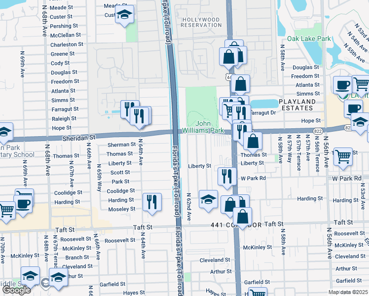 map of restaurants, bars, coffee shops, grocery stores, and more near 2330 North 62nd Avenue in Hollywood