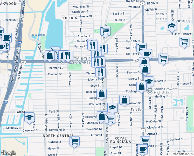 map of restaurants, bars, coffee shops, grocery stores, and more near 2121 Liberty Street in Hollywood
