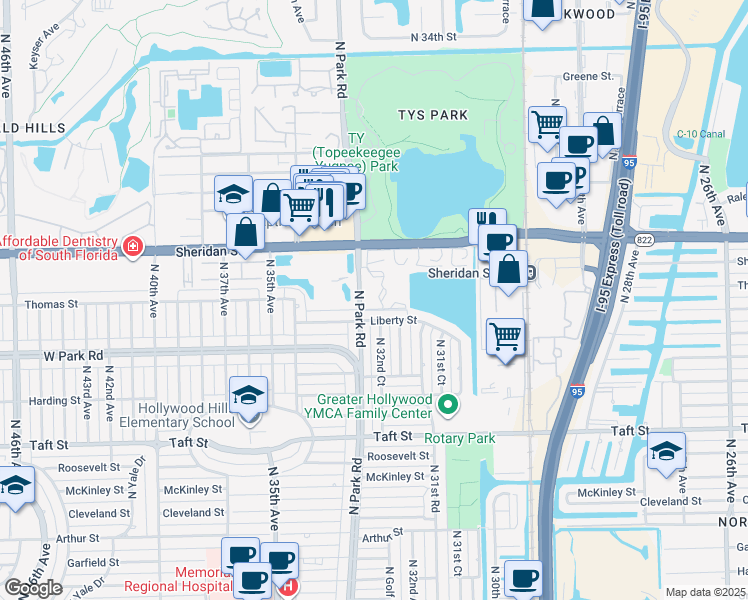 map of restaurants, bars, coffee shops, grocery stores, and more near 2200 Park Lane in Hollywood