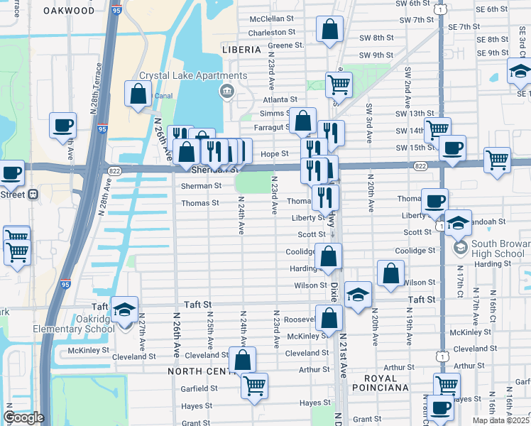 map of restaurants, bars, coffee shops, grocery stores, and more near 2313 Liberty Street in Hollywood