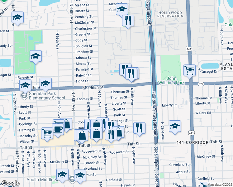 map of restaurants, bars, coffee shops, grocery stores, and more near 6500 Sherman Street in Hollywood