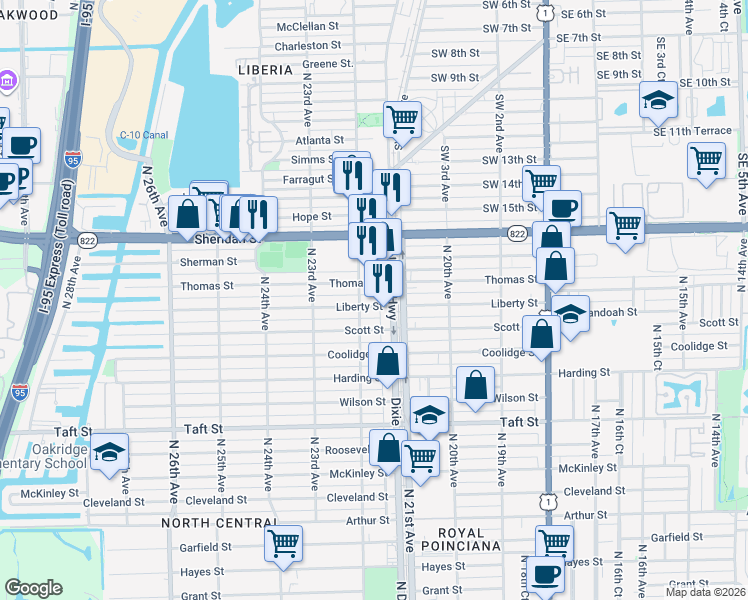 map of restaurants, bars, coffee shops, grocery stores, and more near 2125-2127 Liberty Street in Hollywood