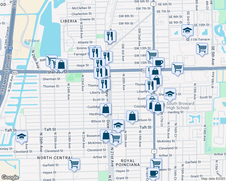 map of restaurants, bars, coffee shops, grocery stores, and more near 2055 Liberty Street in Hollywood