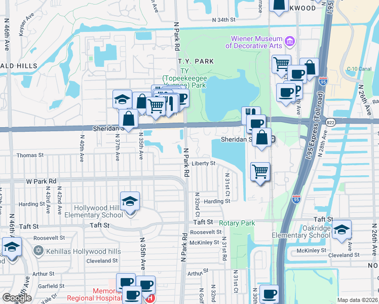 map of restaurants, bars, coffee shops, grocery stores, and more near 2200 Park Lane in Hollywood