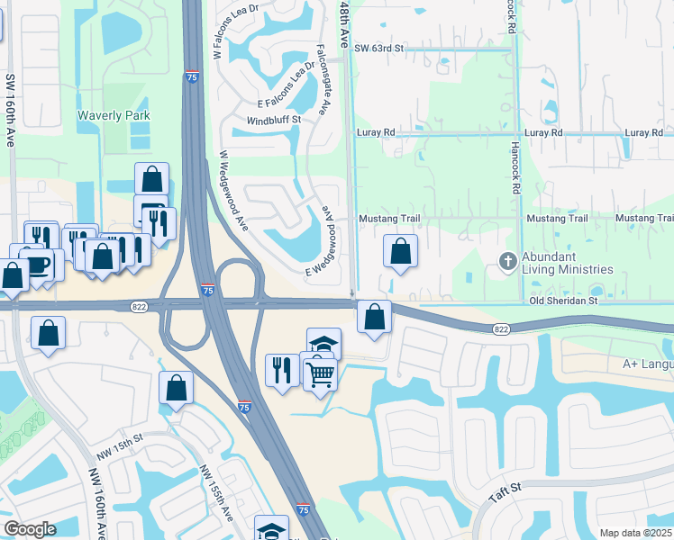 map of restaurants, bars, coffee shops, grocery stores, and more near 6959 Southwest 148 Lane in Davie