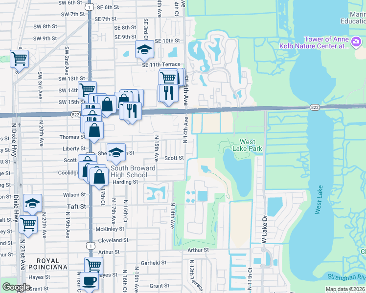 map of restaurants, bars, coffee shops, grocery stores, and more near 2185 North 14th Avenue in Hollywood