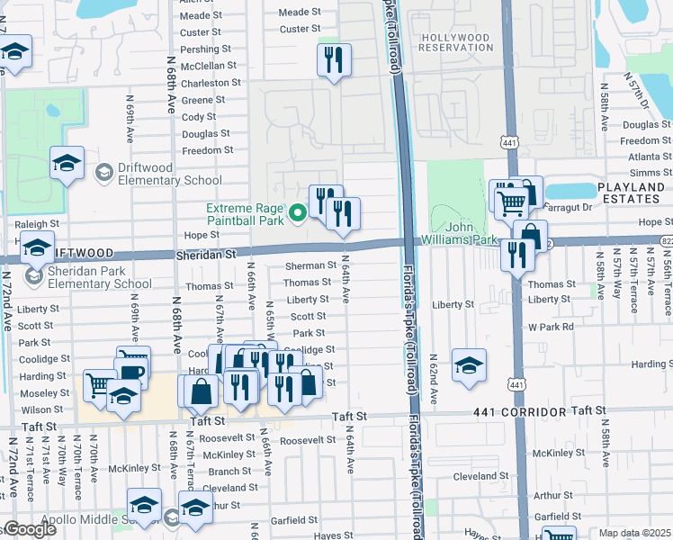 map of restaurants, bars, coffee shops, grocery stores, and more near 6410 Sherman Street in Hollywood