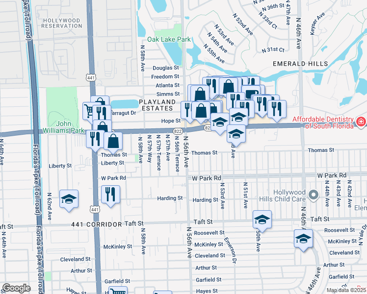 map of restaurants, bars, coffee shops, grocery stores, and more near 2320 North 56th Avenue in Hollywood