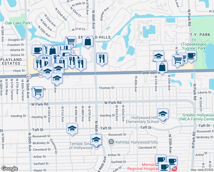map of restaurants, bars, coffee shops, grocery stores, and more near 4411 Thomas Street in Hollywood