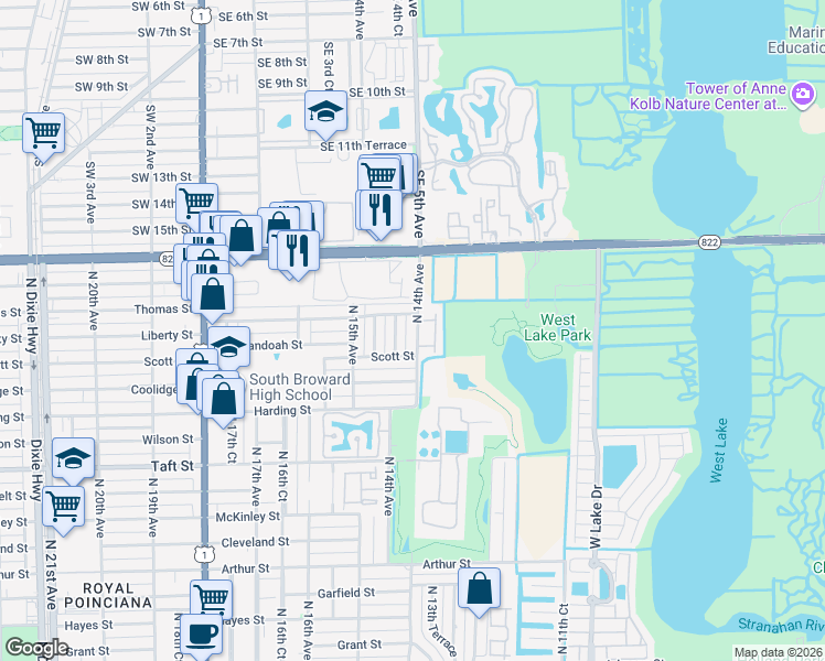 map of restaurants, bars, coffee shops, grocery stores, and more near 2185 North 14th Avenue in Hollywood