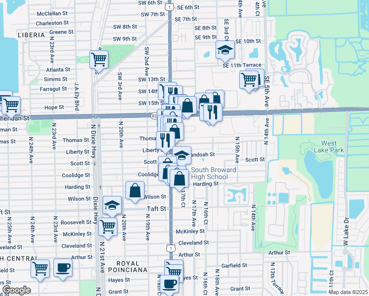 map of restaurants, bars, coffee shops, grocery stores, and more near 2145 North 17th Court in Hollywood