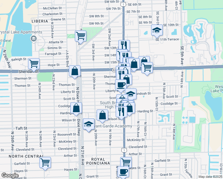 map of restaurants, bars, coffee shops, grocery stores, and more near 1855 Liberty Street in Hollywood