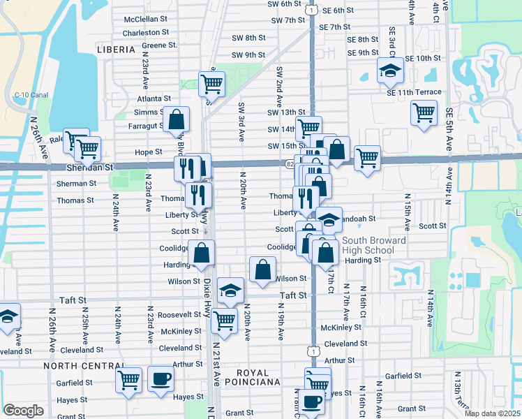 map of restaurants, bars, coffee shops, grocery stores, and more near 1935 Liberty Street in Hollywood